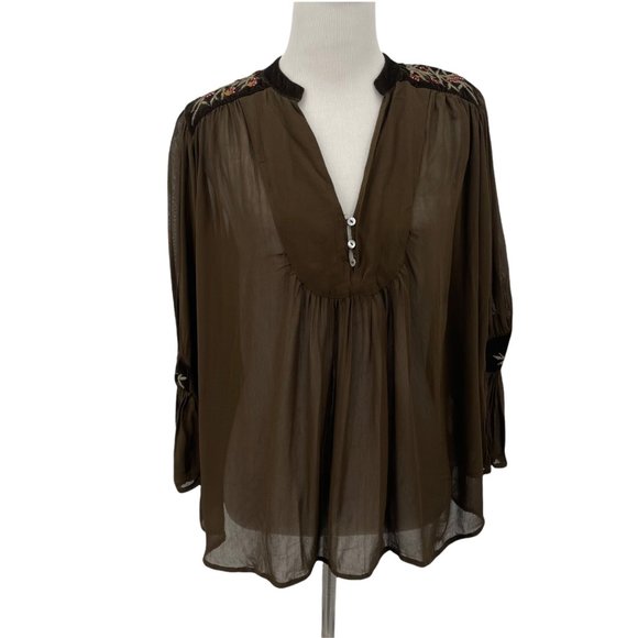 Zara Basic Collection Tops - Zara Size X-Small Brown Sheer Embroidered Top Womens Boho Flowy Blouse V-Neck